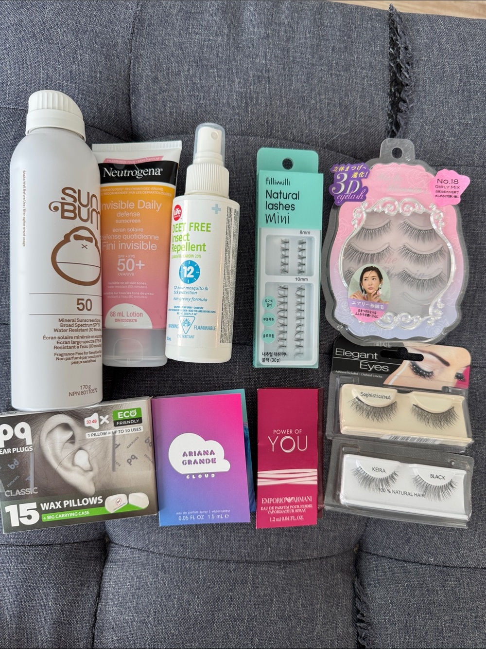 9pc Beauty Bundle Set (False Lashes, Sunscreen SPF 50+, Earplugs, Perfume)